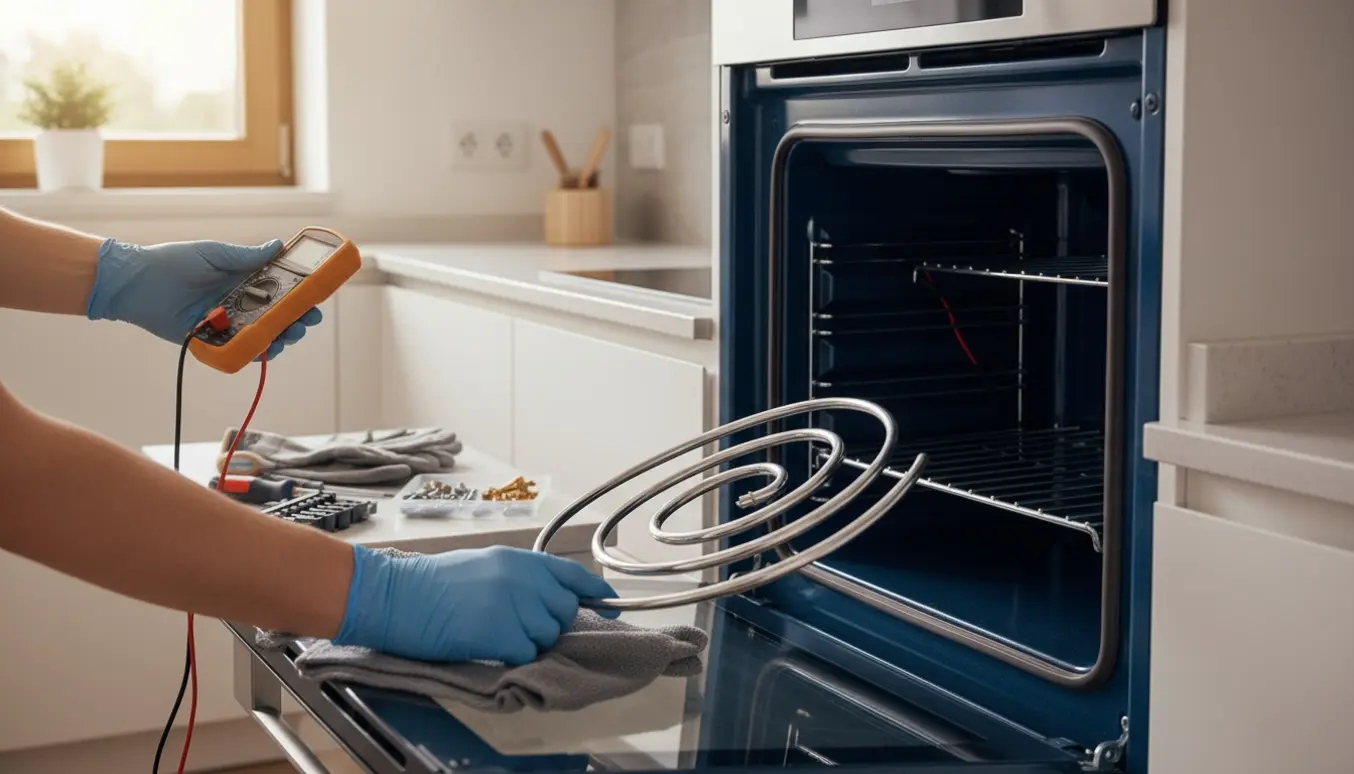 Indbygget ovn med åben ovndør, afmonteret varmeelement og hænder, der holder et nyt element og værktøj.