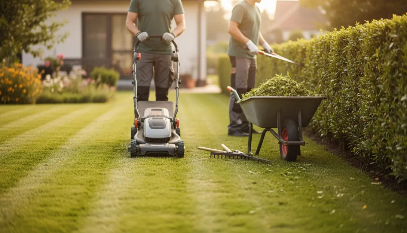 Velplejet villahave på cirka 450 m² under græsslåning og hækklipning med værktøj og friske græsafklip.