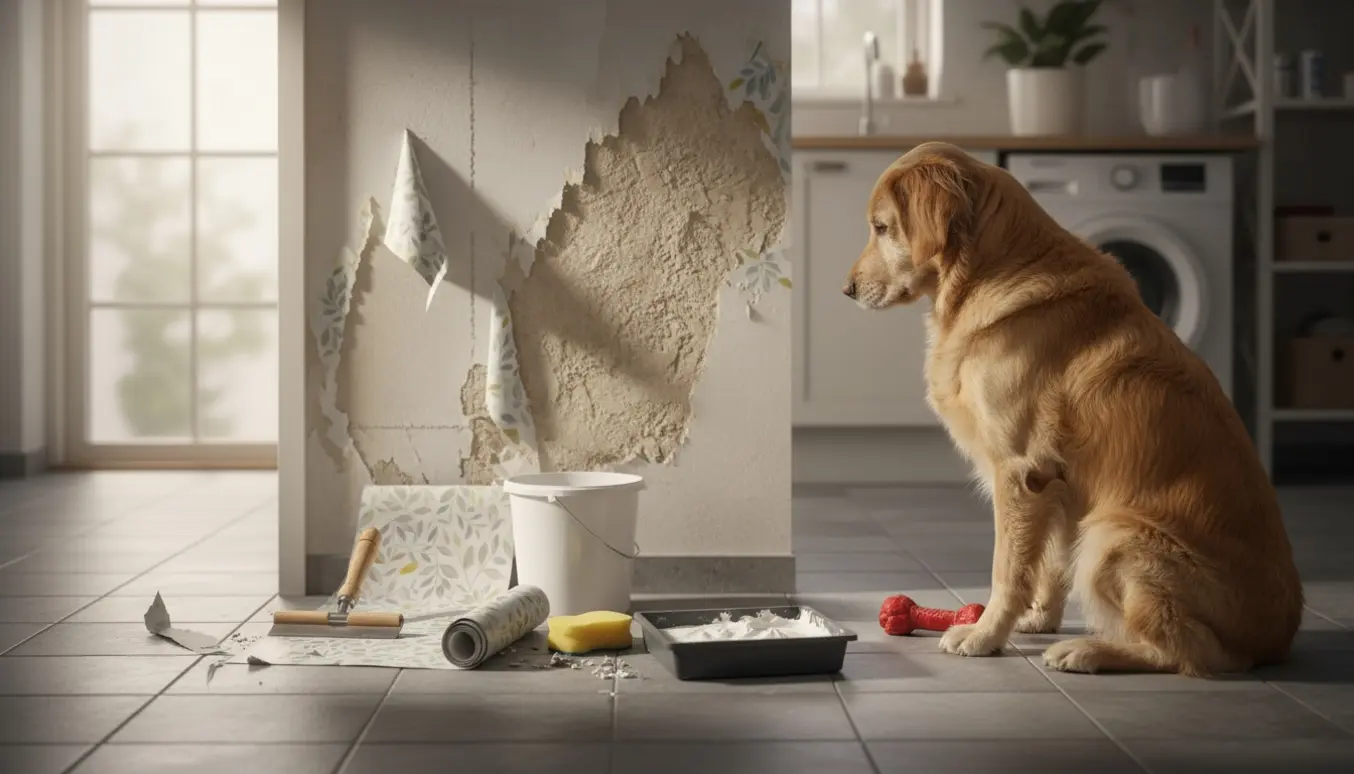 Rivet tapet i bryggerset med en hund og værktøj klar til reparation.