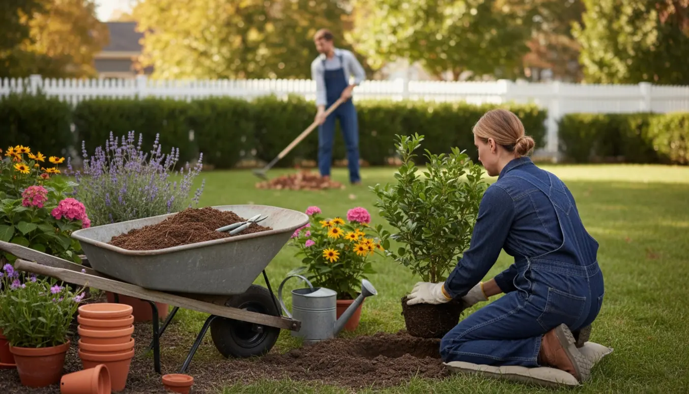 To personer arbejder i en lille have med rive, trillebør og beskærersaks, ansigter ikke synlige.