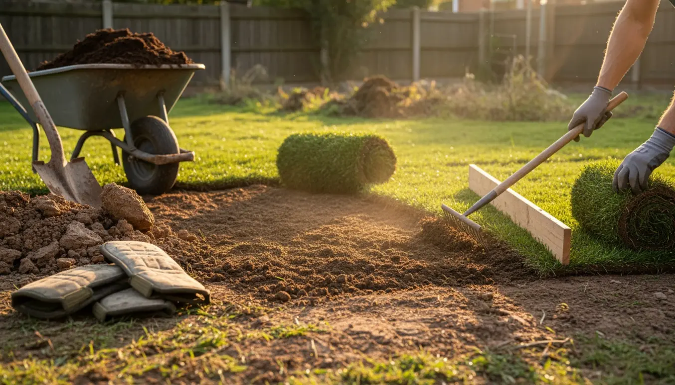 En baghave hvor tung lerjord bliver planeret og nyt græs lægges med rive, trillebør og rulle.