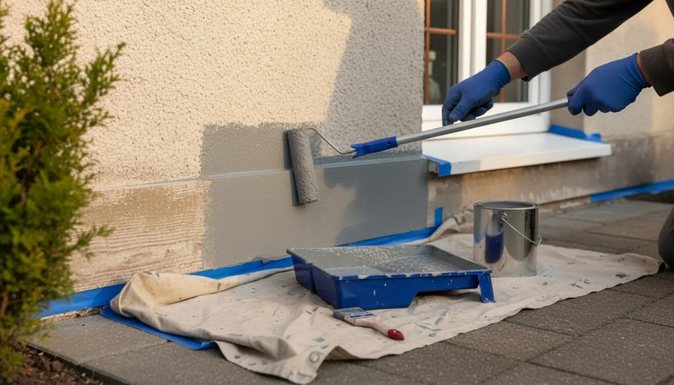 Nedre del af husfacade males grå med rulle, malerbøtte og afdækningsdug.