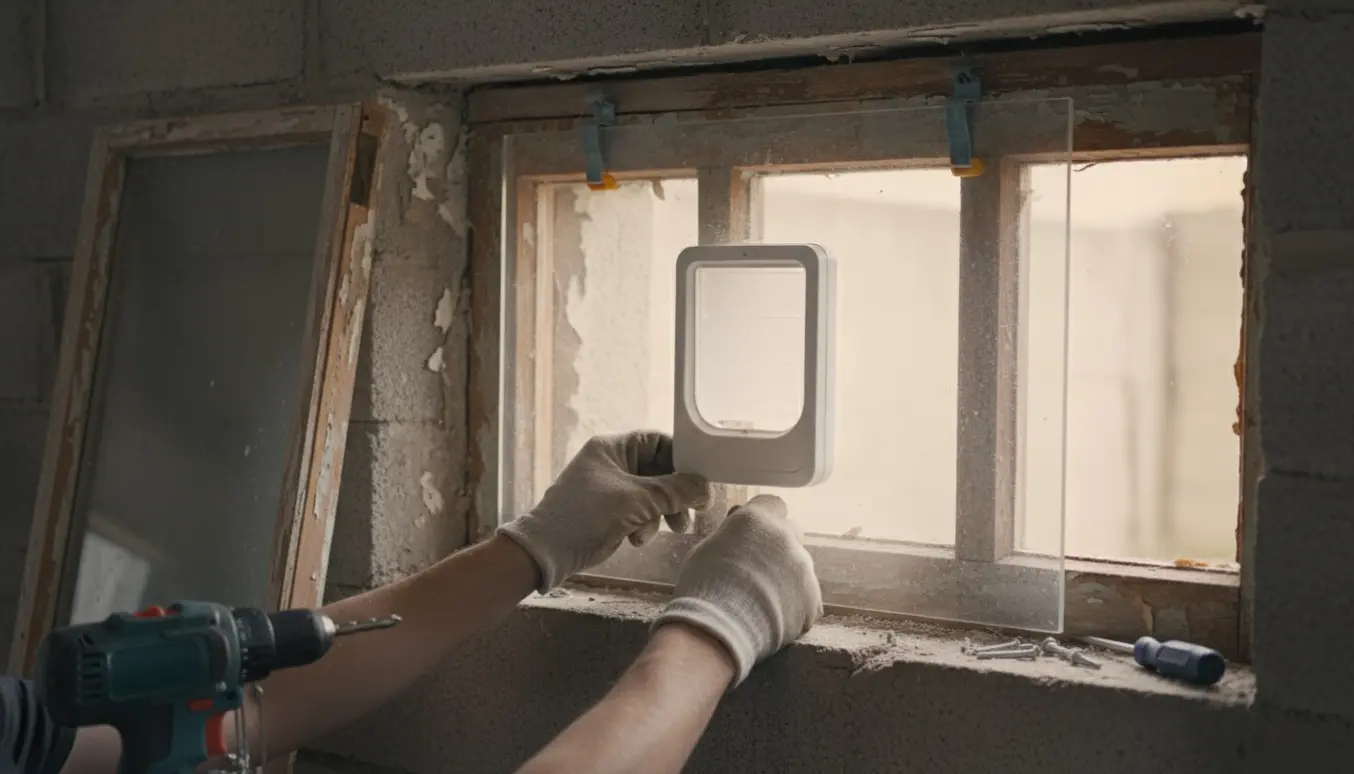 Gloved hænder monterer en kattelem i en akrylplade i et gammelt kældervindue med værktøj på karmen.