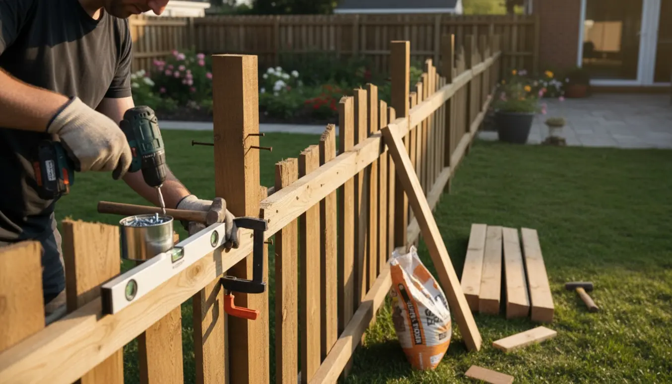 Reparation af et skævt træhegn i en baghave med værktøjer og hænder i arbejde.
