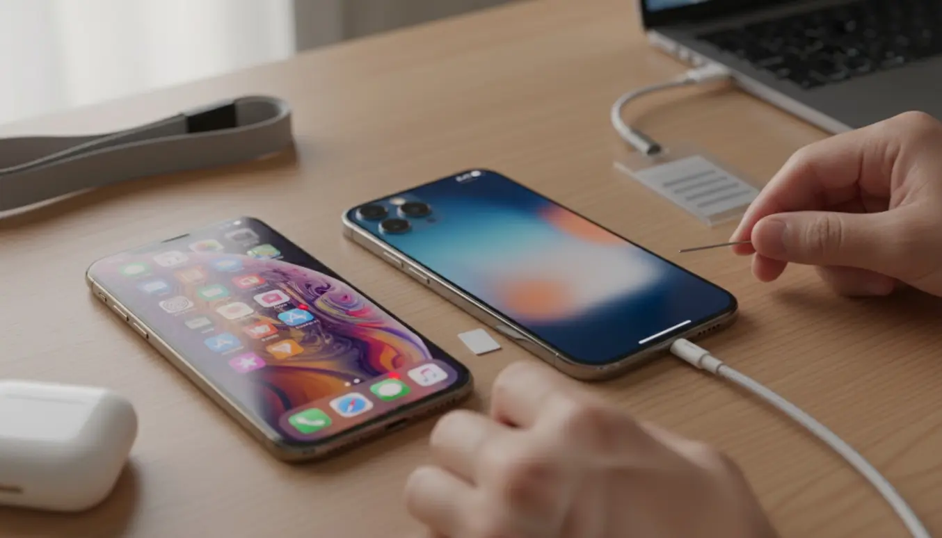 To iPhones på et bord med en hånd, et SIM-ejektorværktøj og et kabel, der symboliserer overførsel af eSIM og apps.