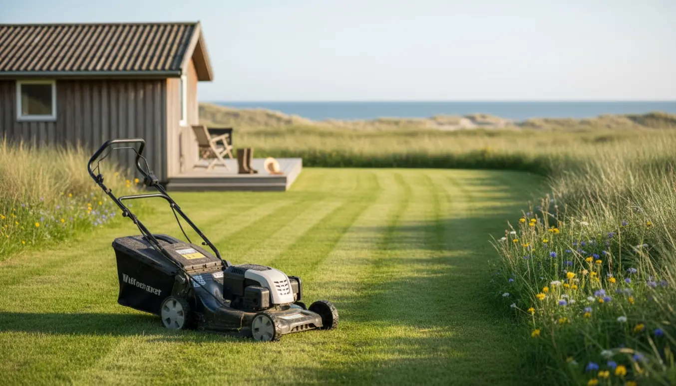 Nyklippet græs foran et sommerhus ved kysten med en plæneklipper i forgrunden.