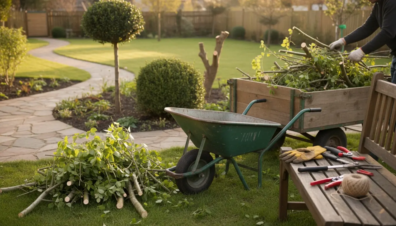 Afskårne grene og haveværktøj i en lille have klar til at blive kørt væk.