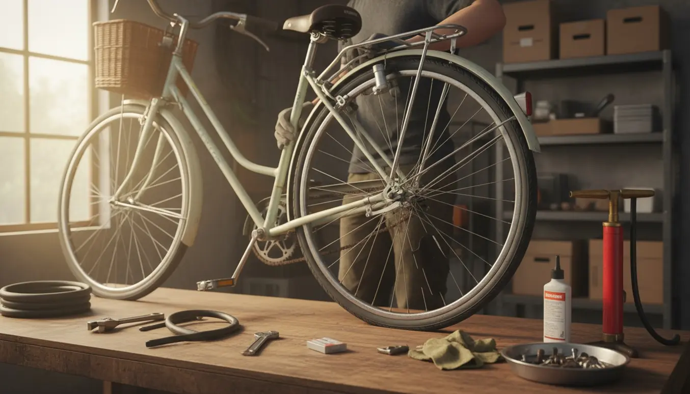 Nærbillede af hænder, der monterer et nyt dæk på en gammel damecykel i et soloplyst værksted.