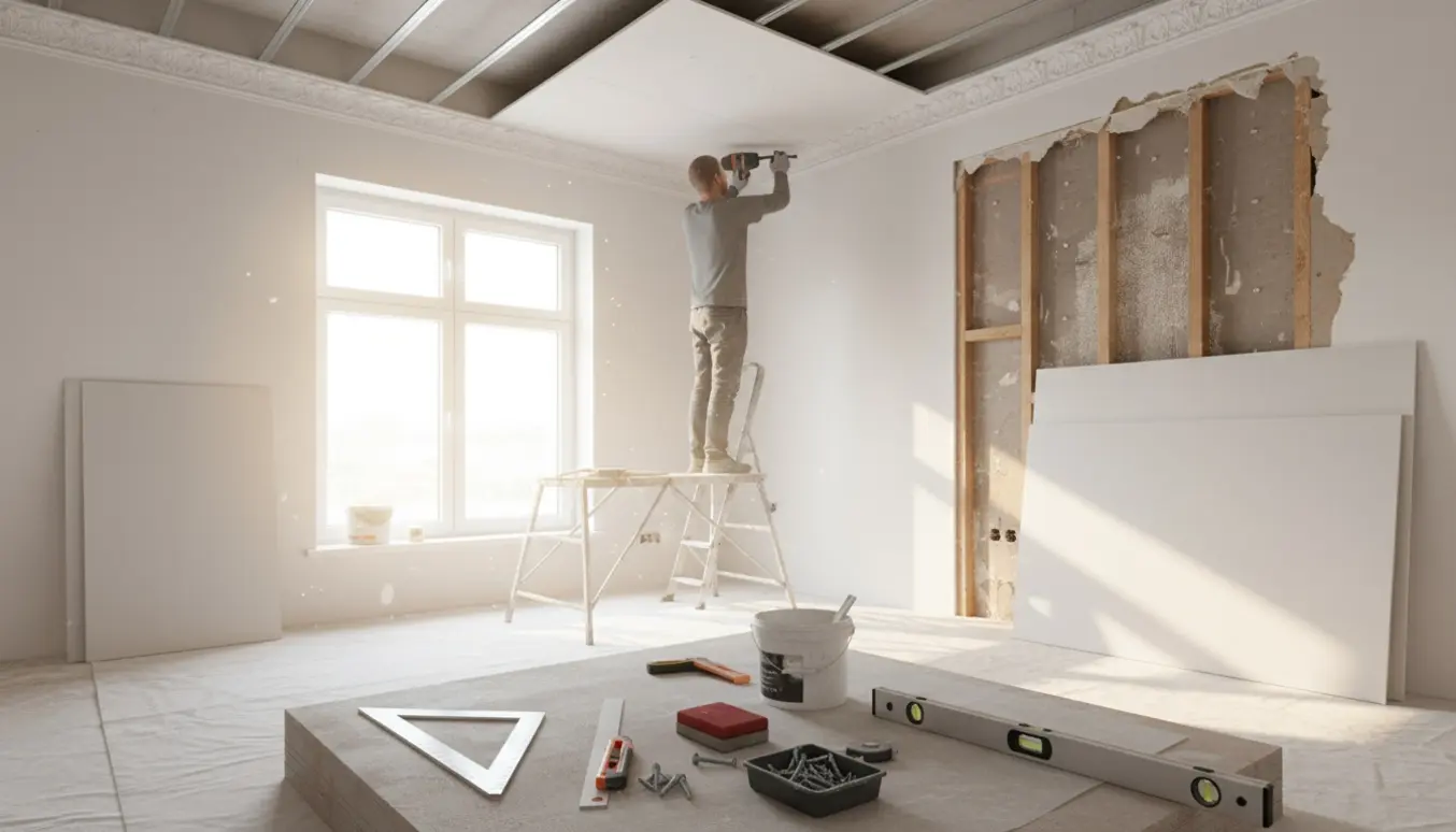 Renoveringsscene med installation af nyt gipsloft og gipsvæg, håndværker set uden ansigt og værktøj tydeligt.