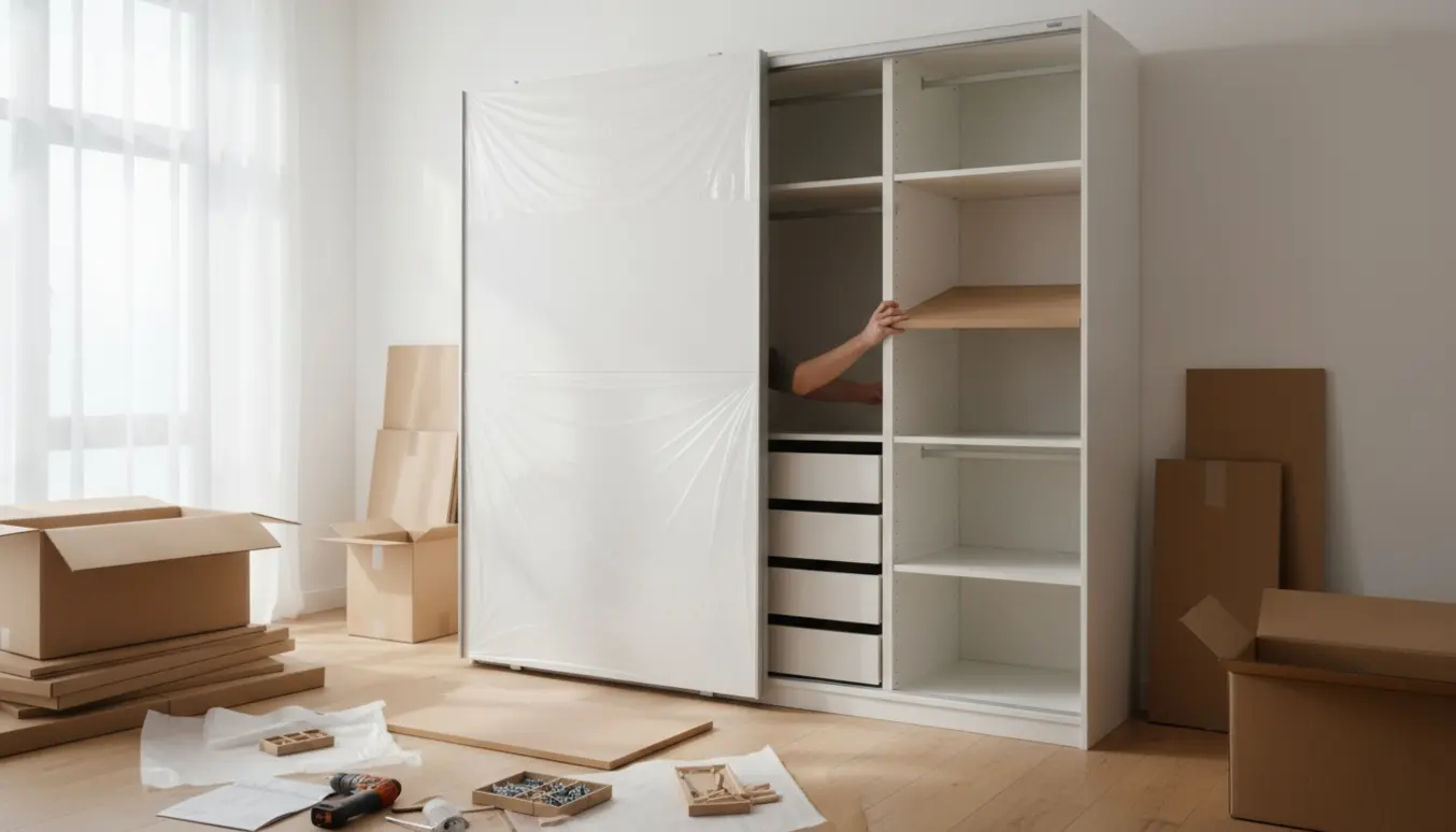 Delvist samlet hvidt skab med to skydedøre, hylde på vej ind og papkasser omkring på et lyst trægulv.