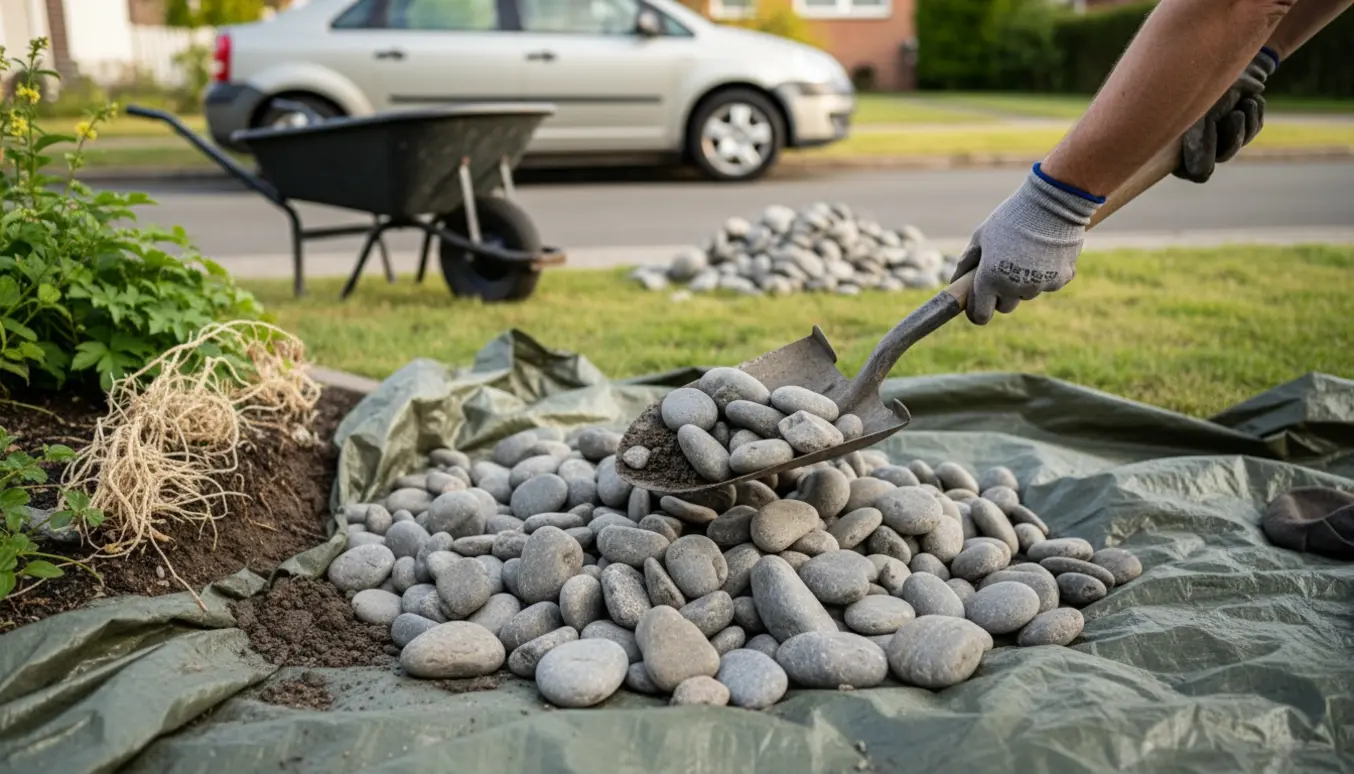 Hænder skovler grå landskabssten op på en presenning ved fortovet klar til afhentning.