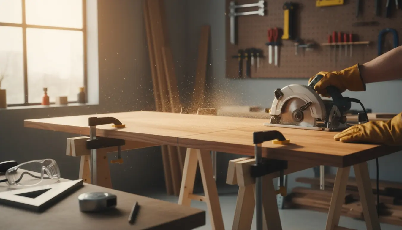 Træbord fastspændt på bukke klar til afkortning med rundsav.