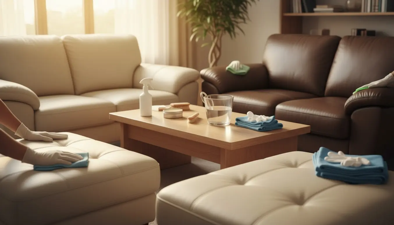 Fire lædersofaer — heraf én mørkebrun — og en beige fodskammel rengøres i en lys, moderne stue.