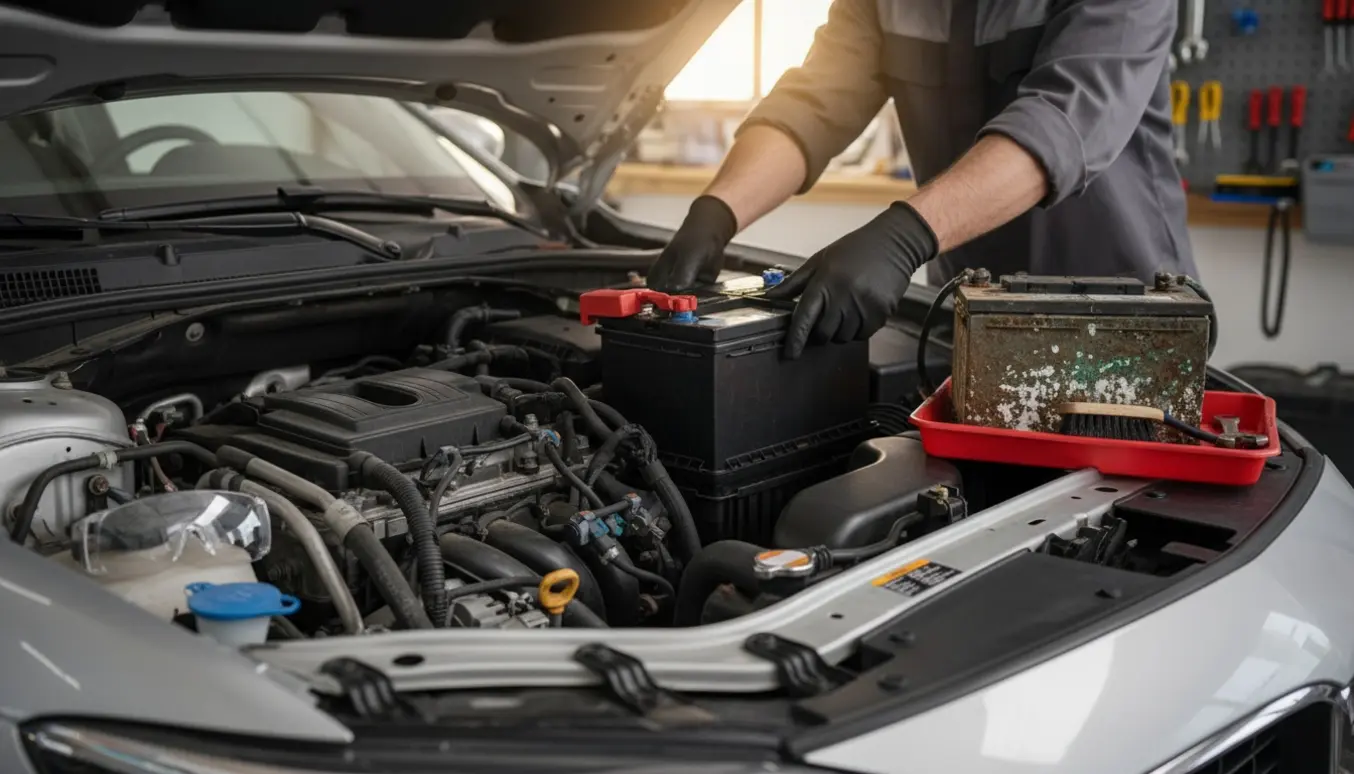 Hænder udskifter et bilbatteri under en åben motorhjelm i blødt dagslys.