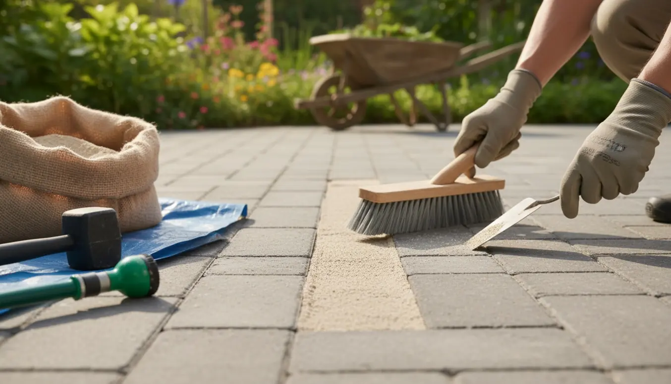Nærbillede af hænder, der fejer sand ned i fugerne mellem fliser på en havegang.