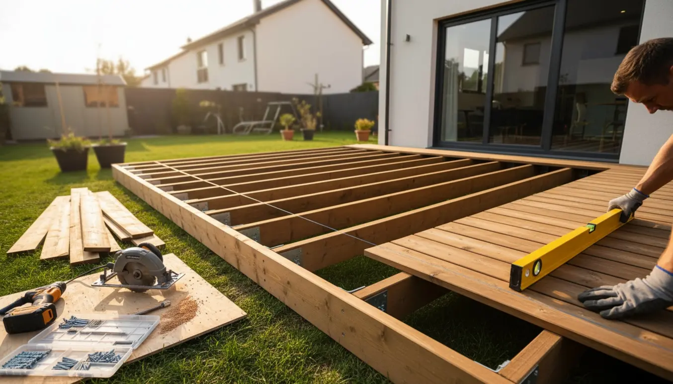 Halvfærdig træterrasse i haven med træplanker, værktøj og materialer klar til montering.