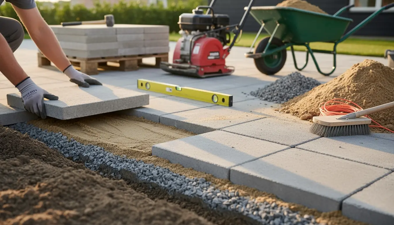 Indkørsel forlænges med fliser lagt på stabilgrus og sand, værktøj og materialer i forgrunden.