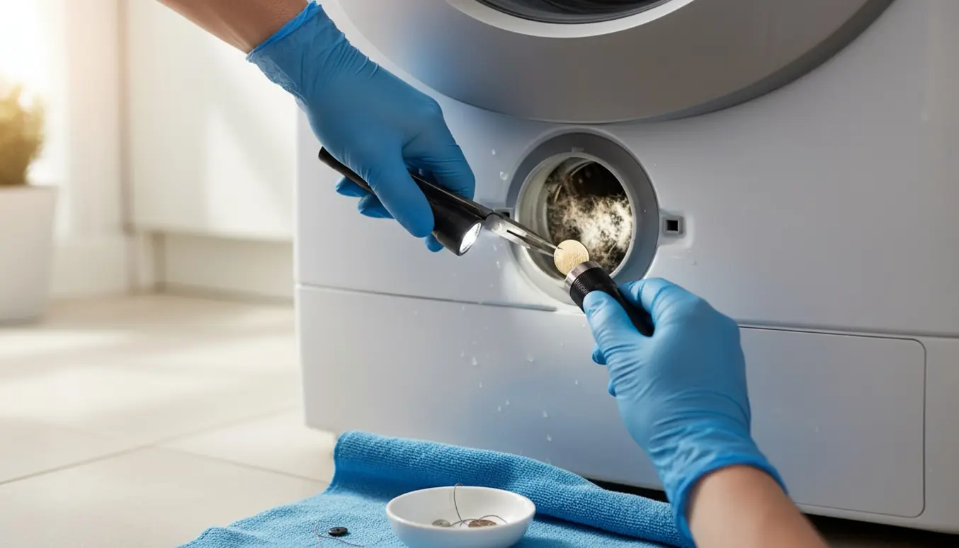 Nærbillede af handsker, der trækker en lille genstand ud af et fastklemt vaskemaskinefilter i et lyst bryggers.