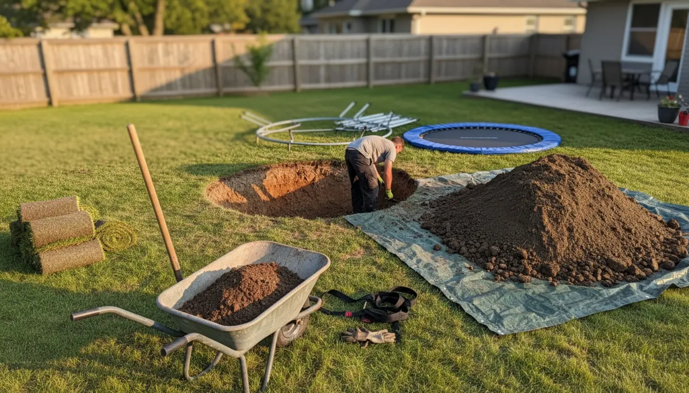 Udgravning til en 4 meter trampolin i en solrig baghave med jord på presenning og trillebør.