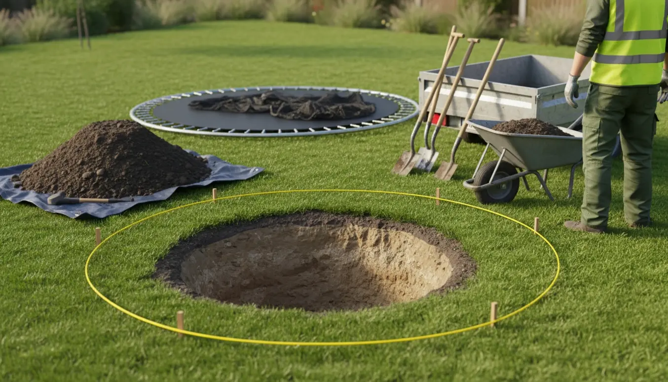 Rundt gravet hul til en fire meter trampolin med jord samlet i trillebør og på presenning i en baghave.