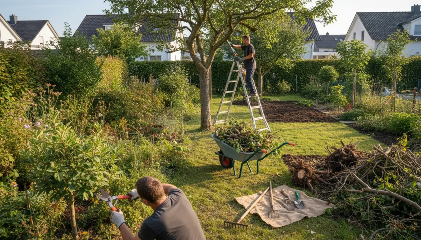 To små haver under renovering med beskårne træer, fjernede buske og en trillebør fyldt med grene.