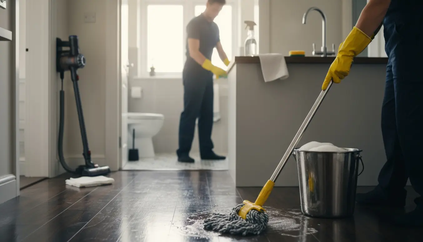 Rækkehusinteriør under rengøring med moppe og spand i forgrunden og et rent køkken og toilet i baggrunden.