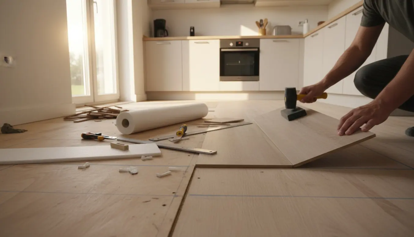 Nærbillede af installation af vinylgulv i et lille køkken med håndværkerens hænder, værktøj og delvist lagt gulv.
