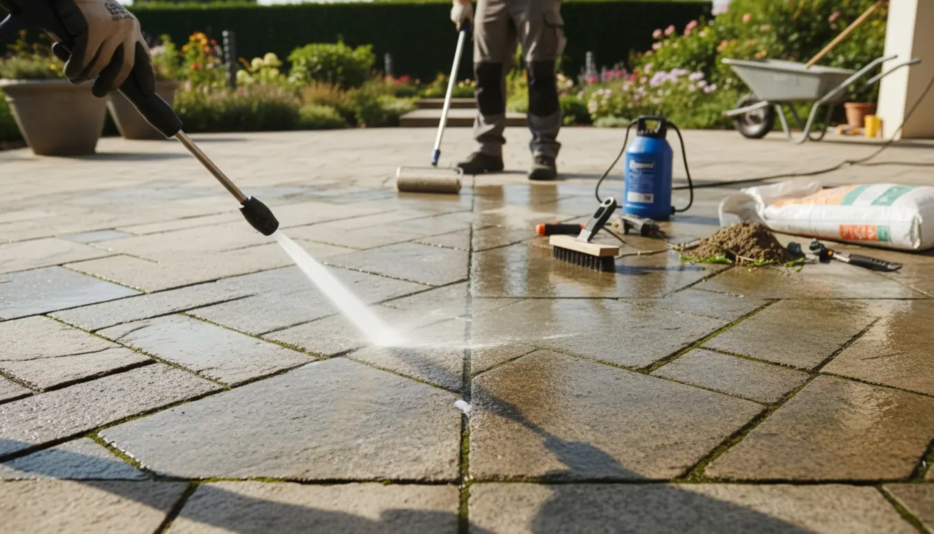 Nærbillede af fliserens og imprægnering med arbejdshænder, værktøj og tydelig forskel mellem rene og snavsede fliser.