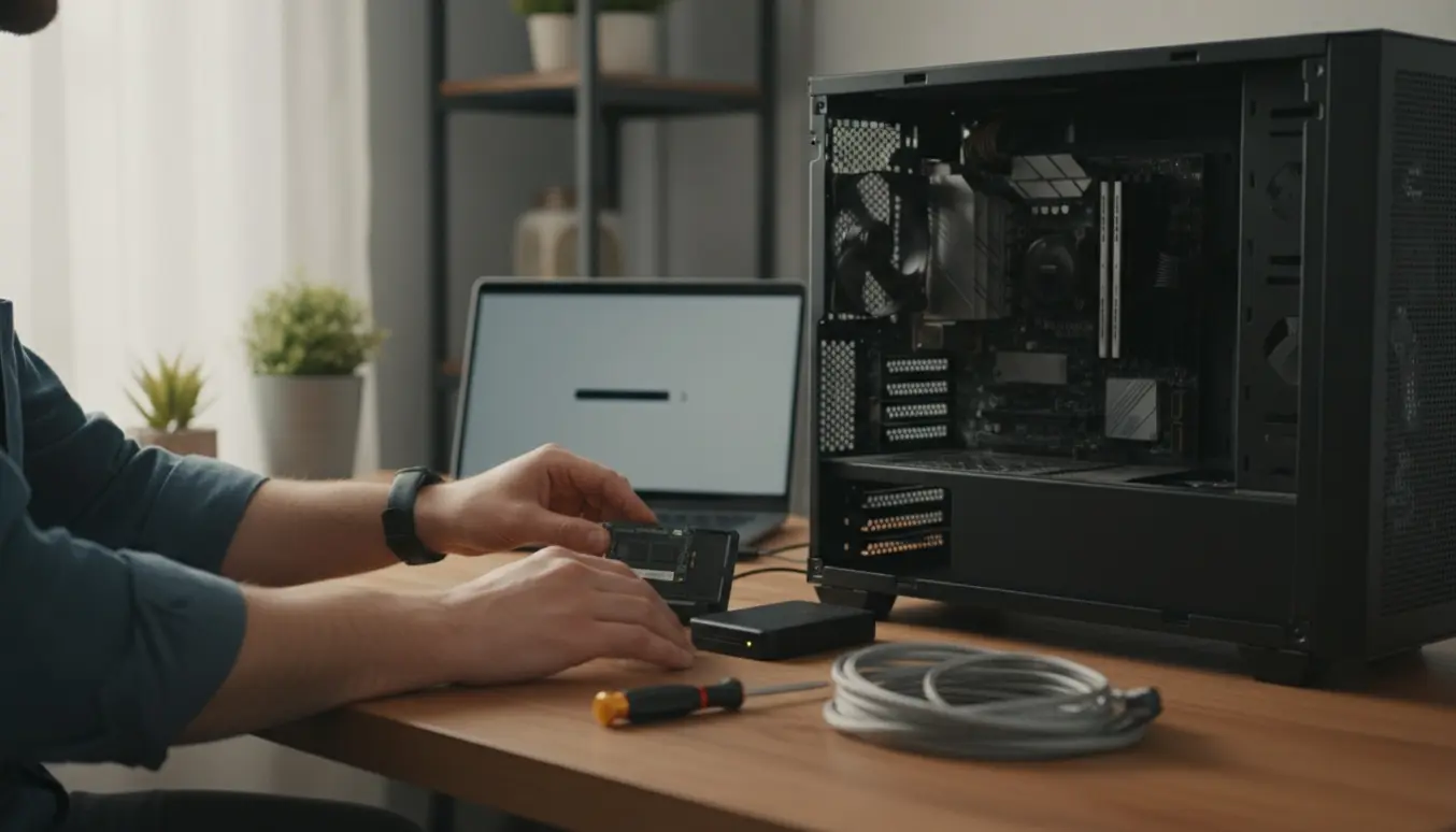 Hænder tilslutter en ekstern harddisk til en åben stationær computer ved et skrivebord for at lave backup.