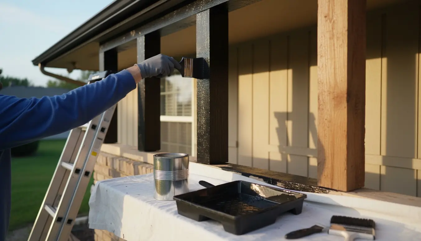 Nærbillede af opmaling af fire træbjælker ved husets tag med stige og malerbøtte.