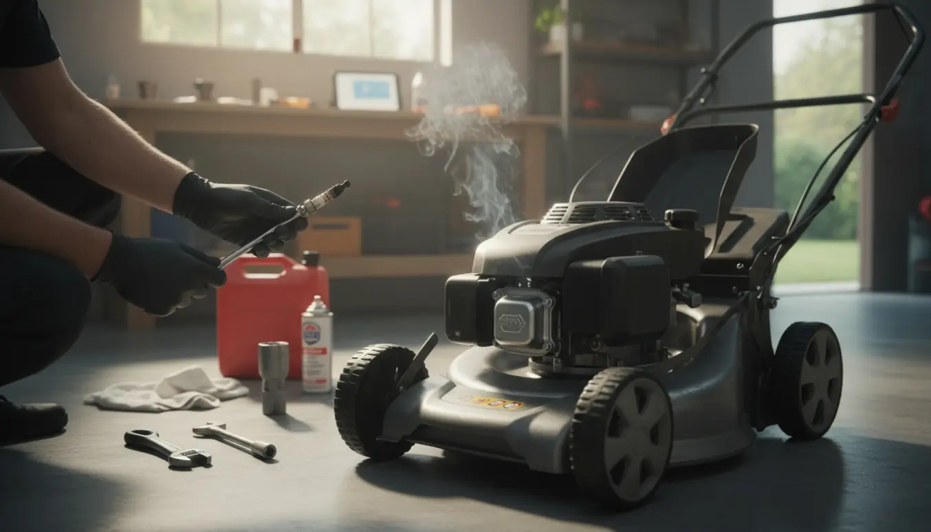 Åben benzinplæneklipper i garage med hvid røg fra motoren, håndsvævende værktøj og handsker under eftersyn.