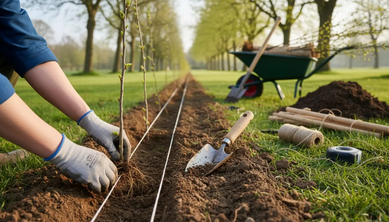 Unge bøgeplanter sættes i jord i en lige række langs en plantelinje med haveredskaber omkring.