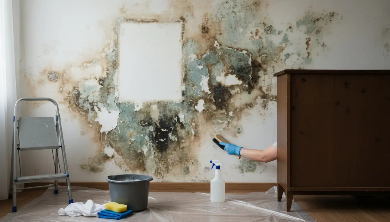 Væg med sort-grøn skimmelsvamp og aftryk efter et fjernet skab, med handsker og rengøringsudstyr i forgrunden.