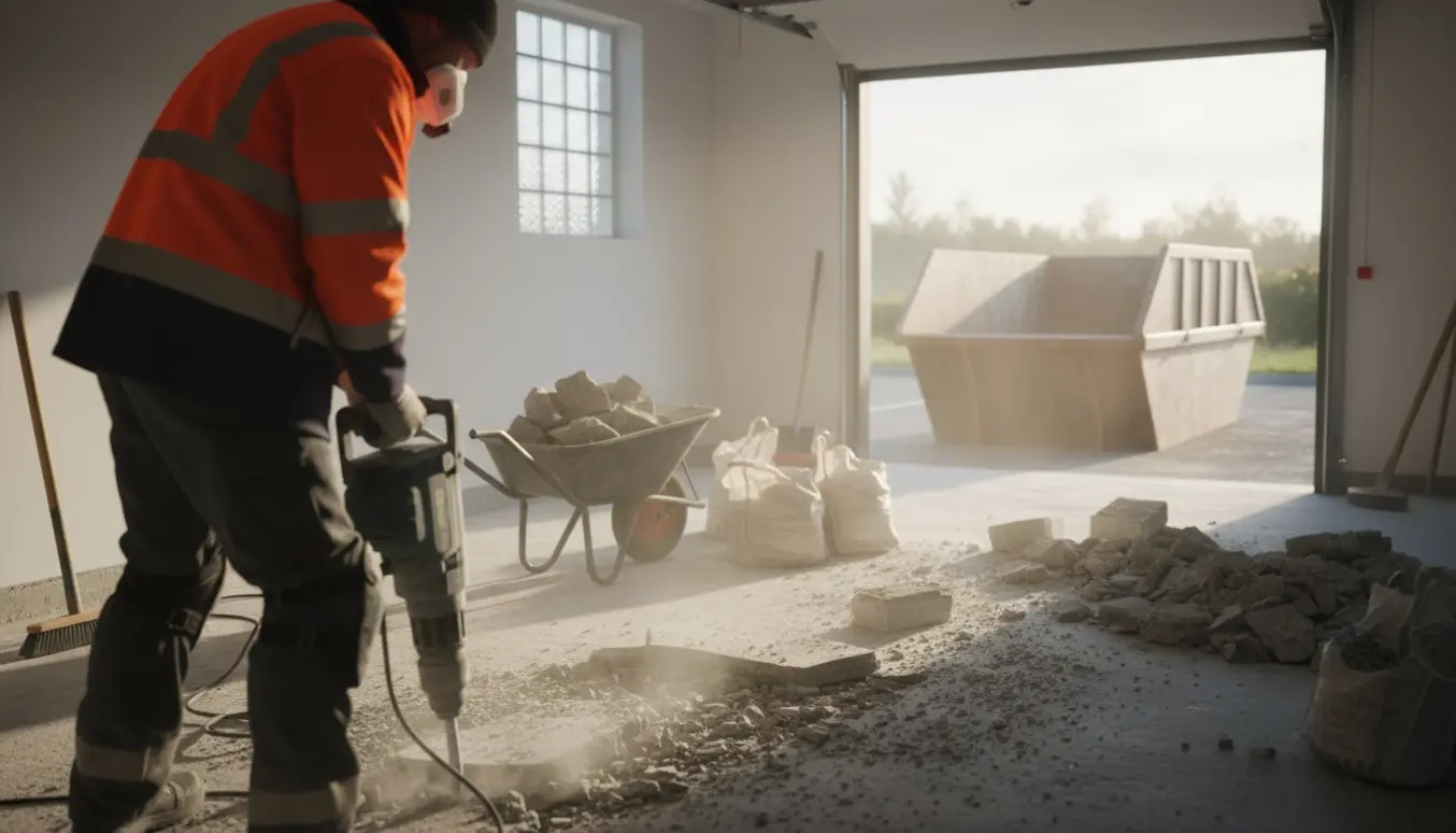 Renoveringsscene med opbrudt 18 m² betongulv, bunker af beton og en trillebør klar til bortskaffelse.