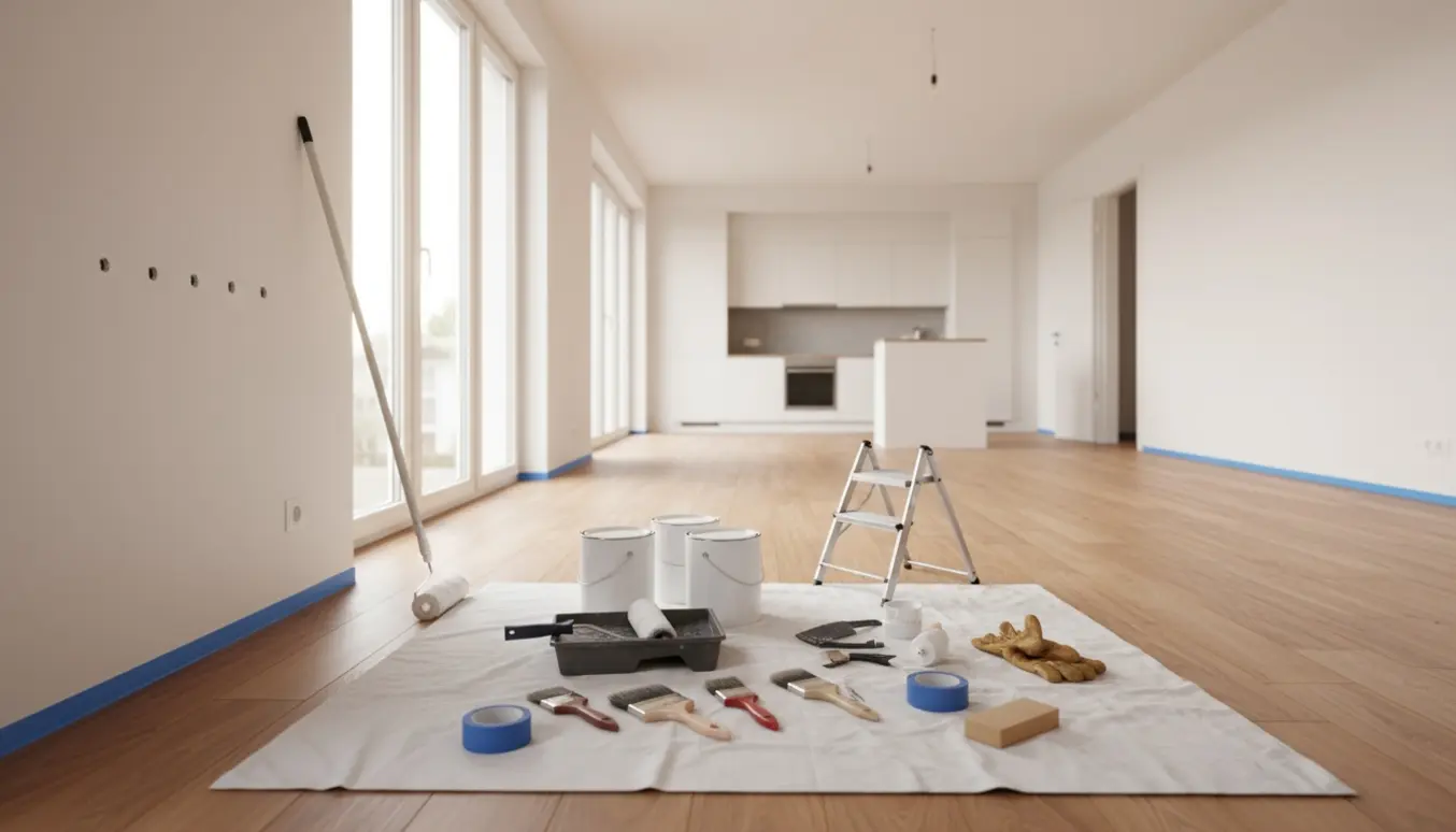 Malerværktøj og en handske, der fuger små huller ved et gardinophæng i en lys lejlighed klar til fraflytningsmaling.