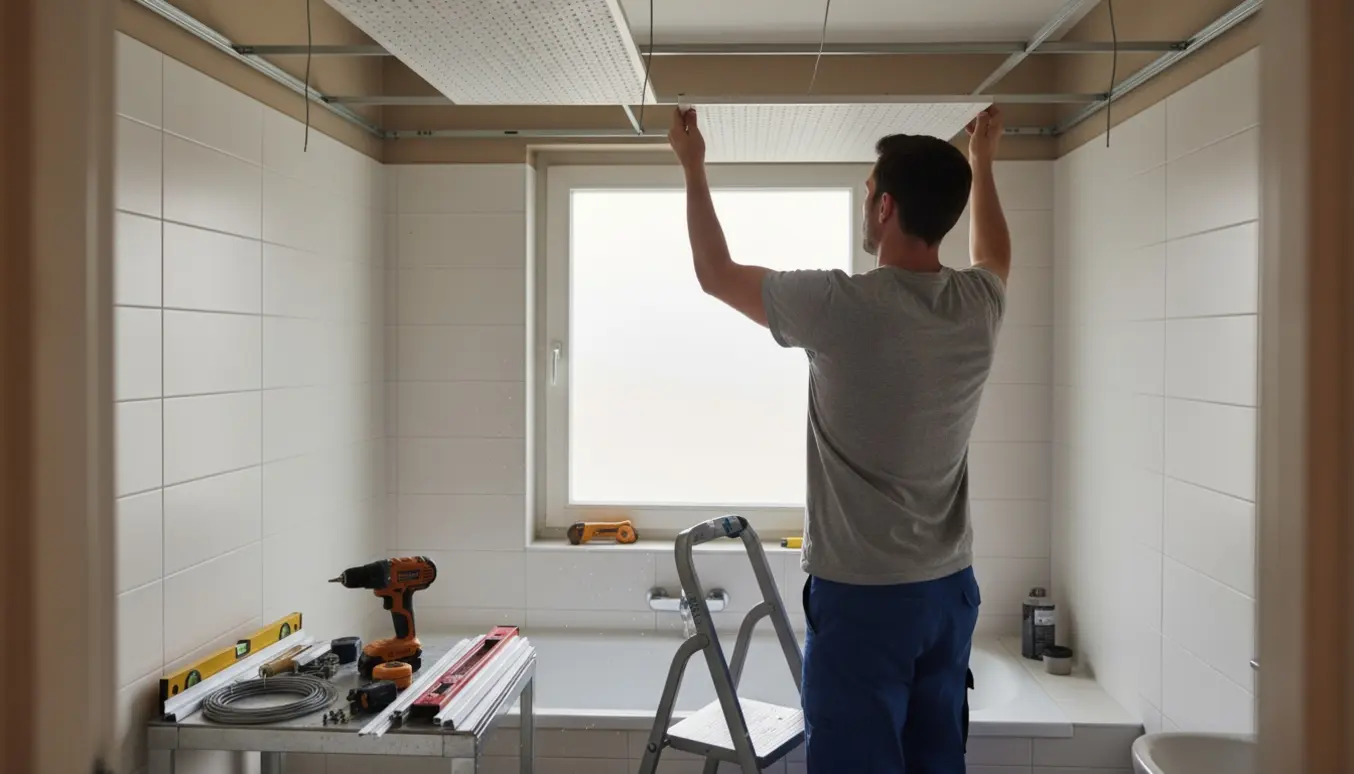 Installatør monterer nedsænket Rockfon-loft i et lille badeværelse, kun hænder og værktøj synlige.