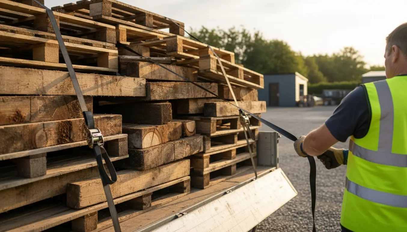 Stor åben trailer fyldt med træpaller og jernbanesveller, en arbejder set bagfra sikrer læsset.