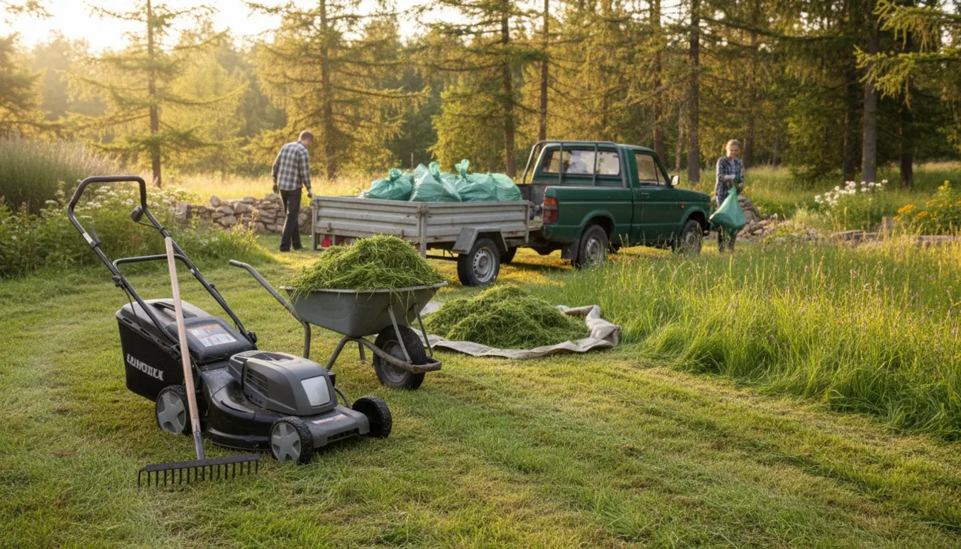 Trillebør fyldt med nyslået græs og nogle lærkegrene ved siden af en rive og plæneklipper på en naturgræsplæne.