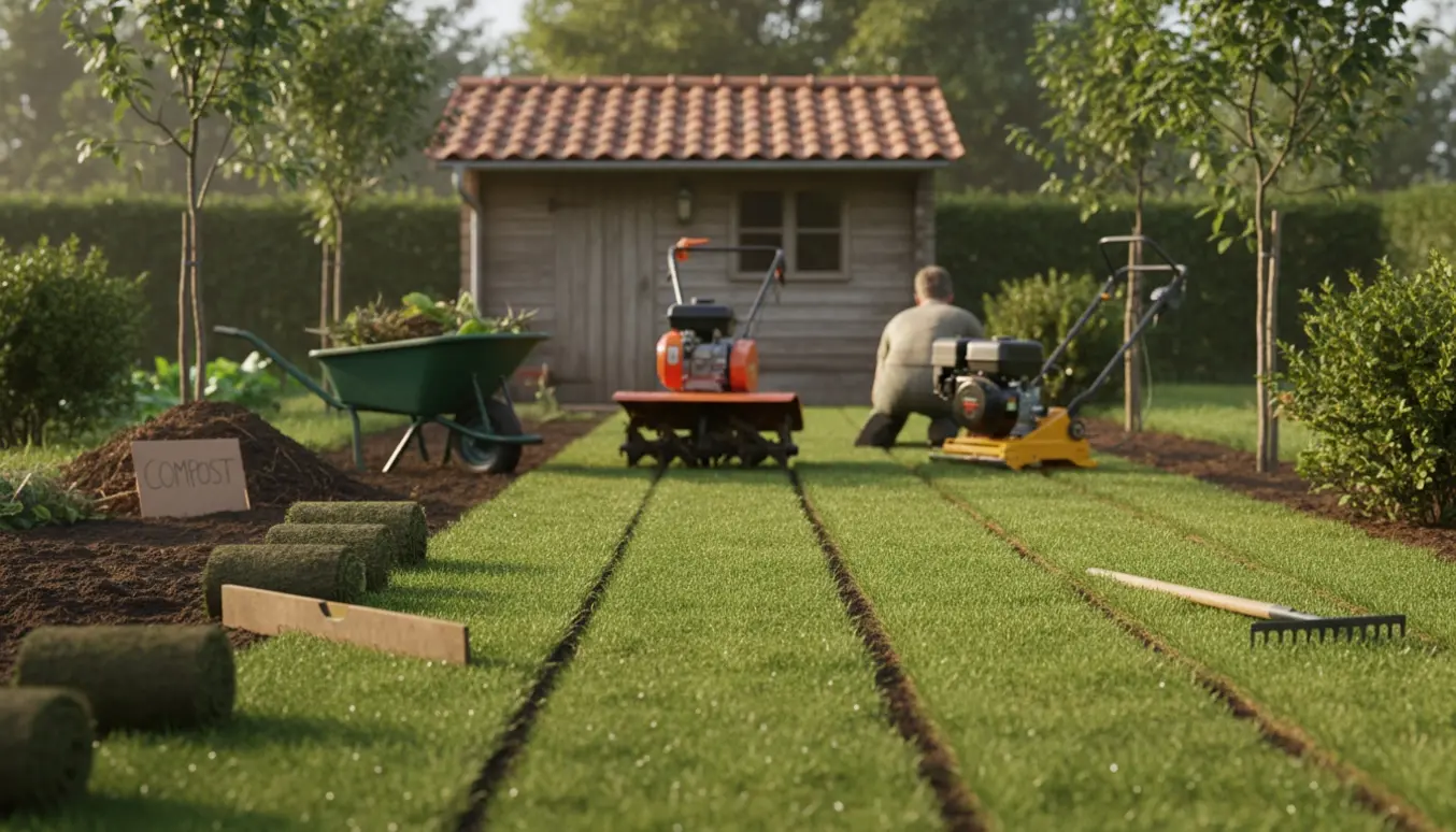 Rullegræs lægges i en kolonihave med fræser, rive og haveaffald i baggrunden.