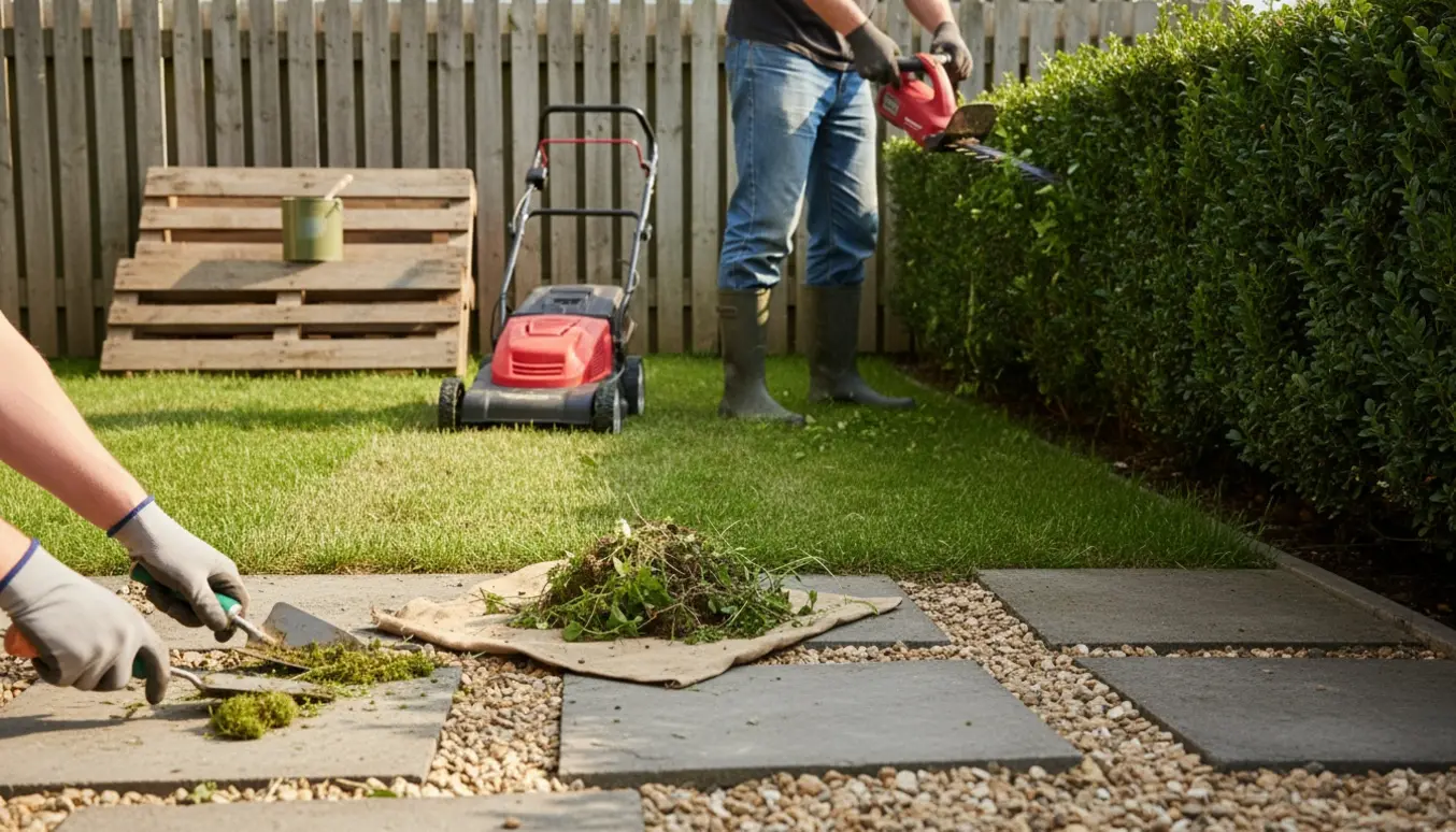 Solbeskinnet have med halvt slået græs, hækkeklipper, hænder der fjerner ukrudt mellem grussten og malergrej ved træpaller.