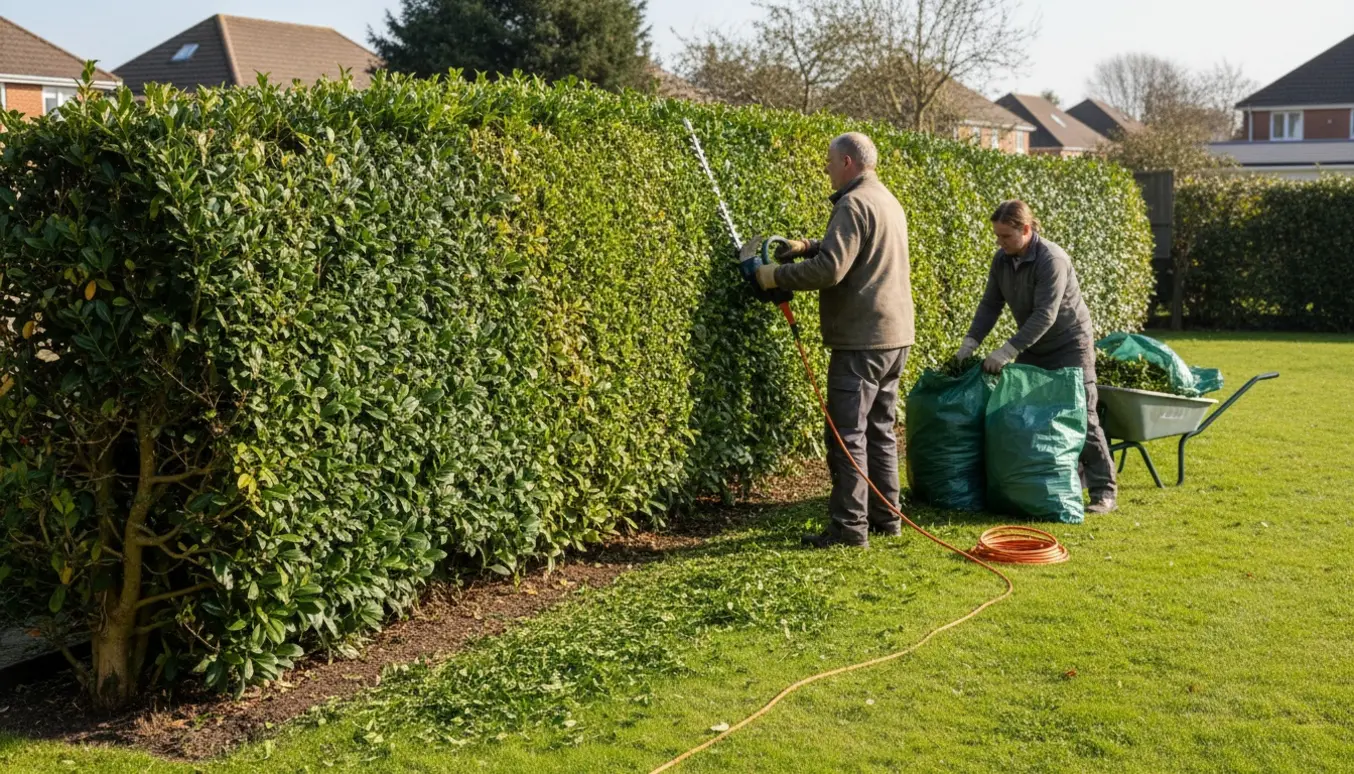 En person trimmer ydersiden af en ligusterhæk, mens friske klip fyldes i grønne affaldssække.