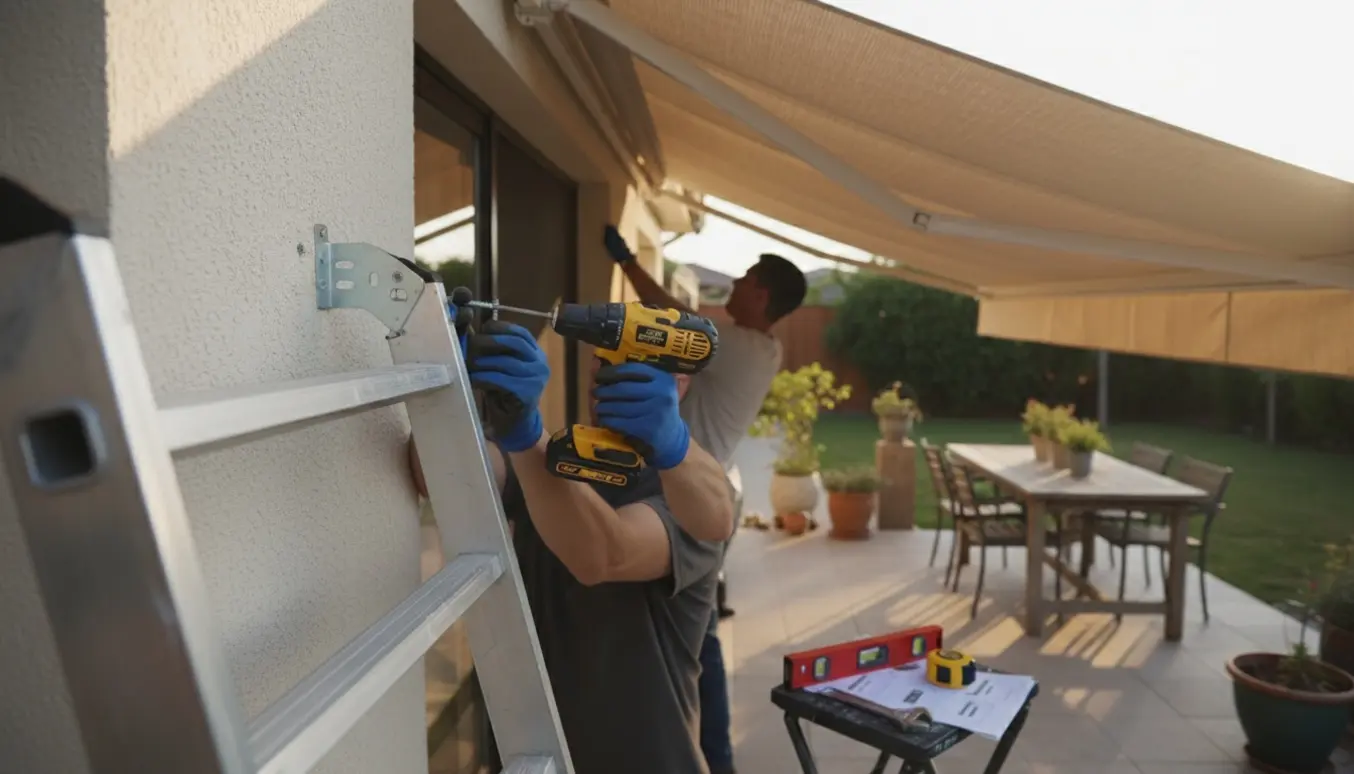 To personer monterer en markise over en terrasse, én spænder beslag fast med en boremaskine mens terrassen ligger i blød sol.