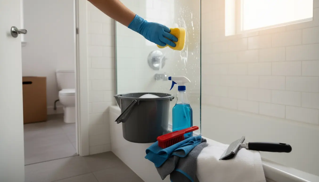 Hænder i gummihandsker tørrer en glasbrusevæg i et lille badeværelse under udflytning.