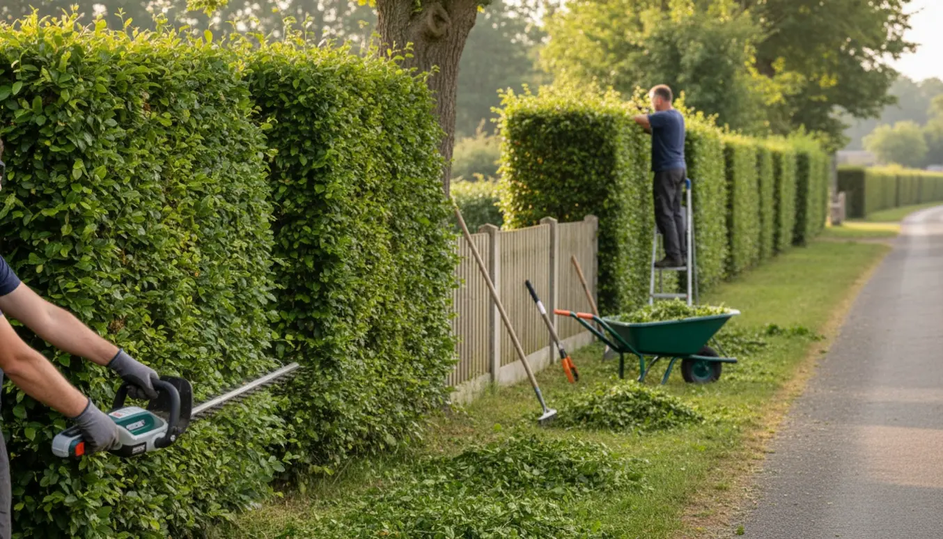Personer trimmer en lang bøgehæk med hækkeklipper, med nypudsede kanter og samlet grønt affald i trillebør.