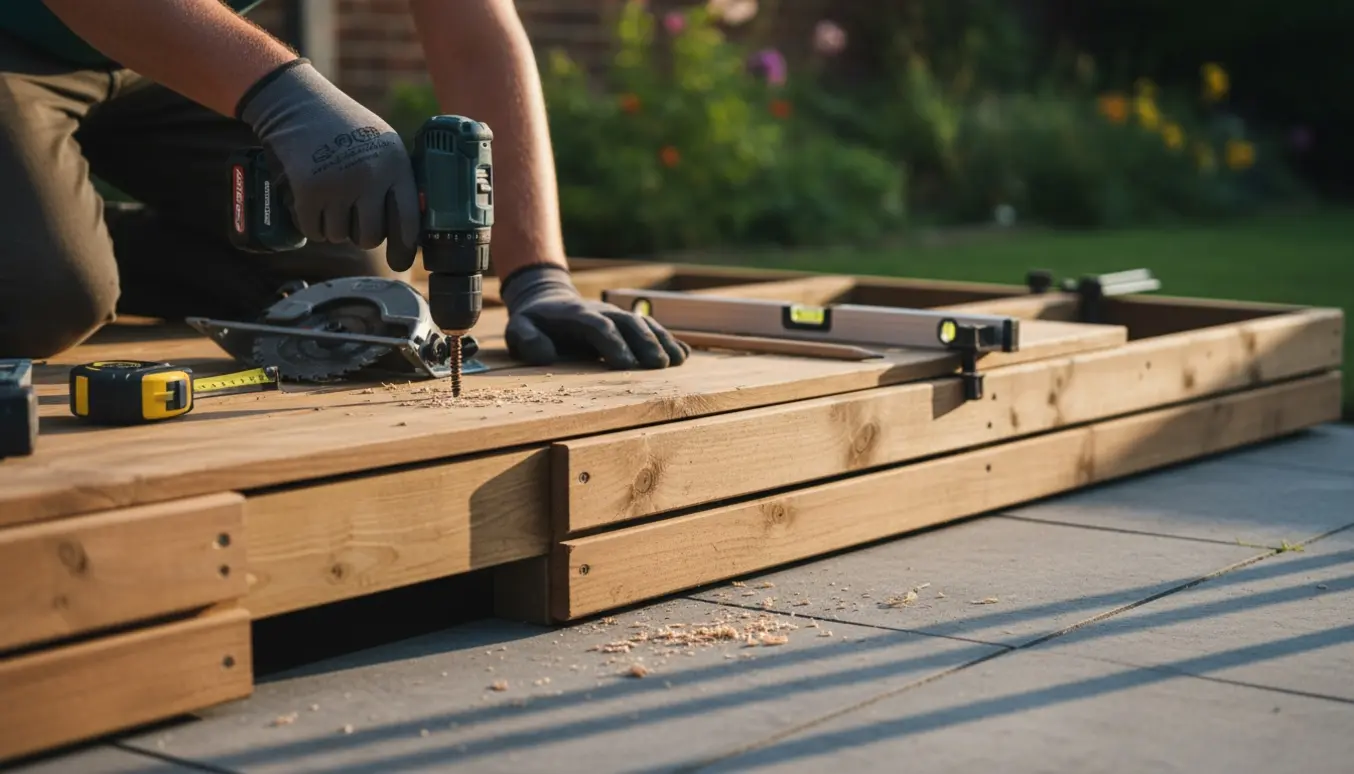 Nærbillede af opbygning af en lille træterrasse oven på fliser med værktøj og slidske i siden.