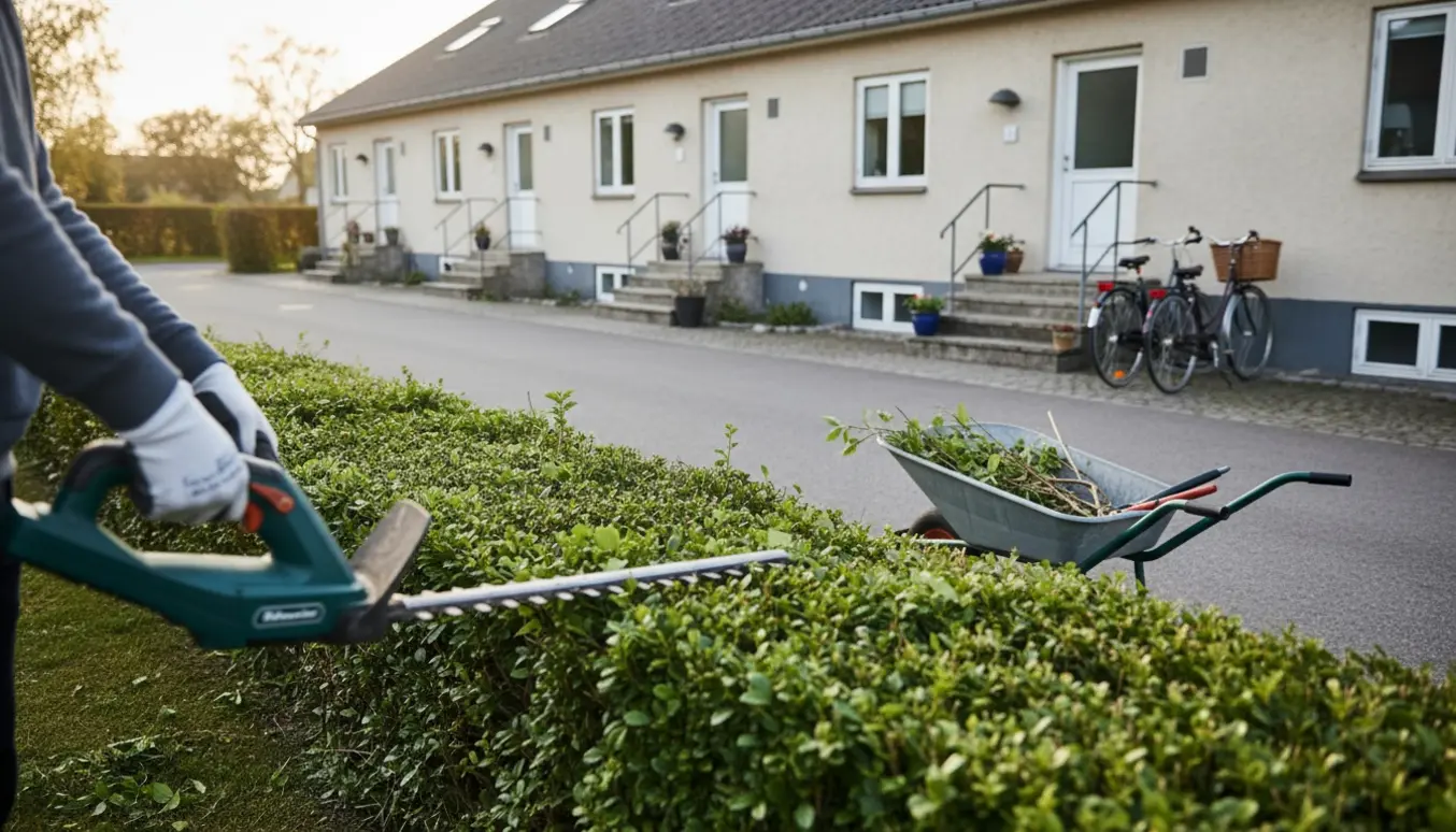 Fælles hæk ved indkørsel til en lille ejerforening i Næstved under hækklipning.