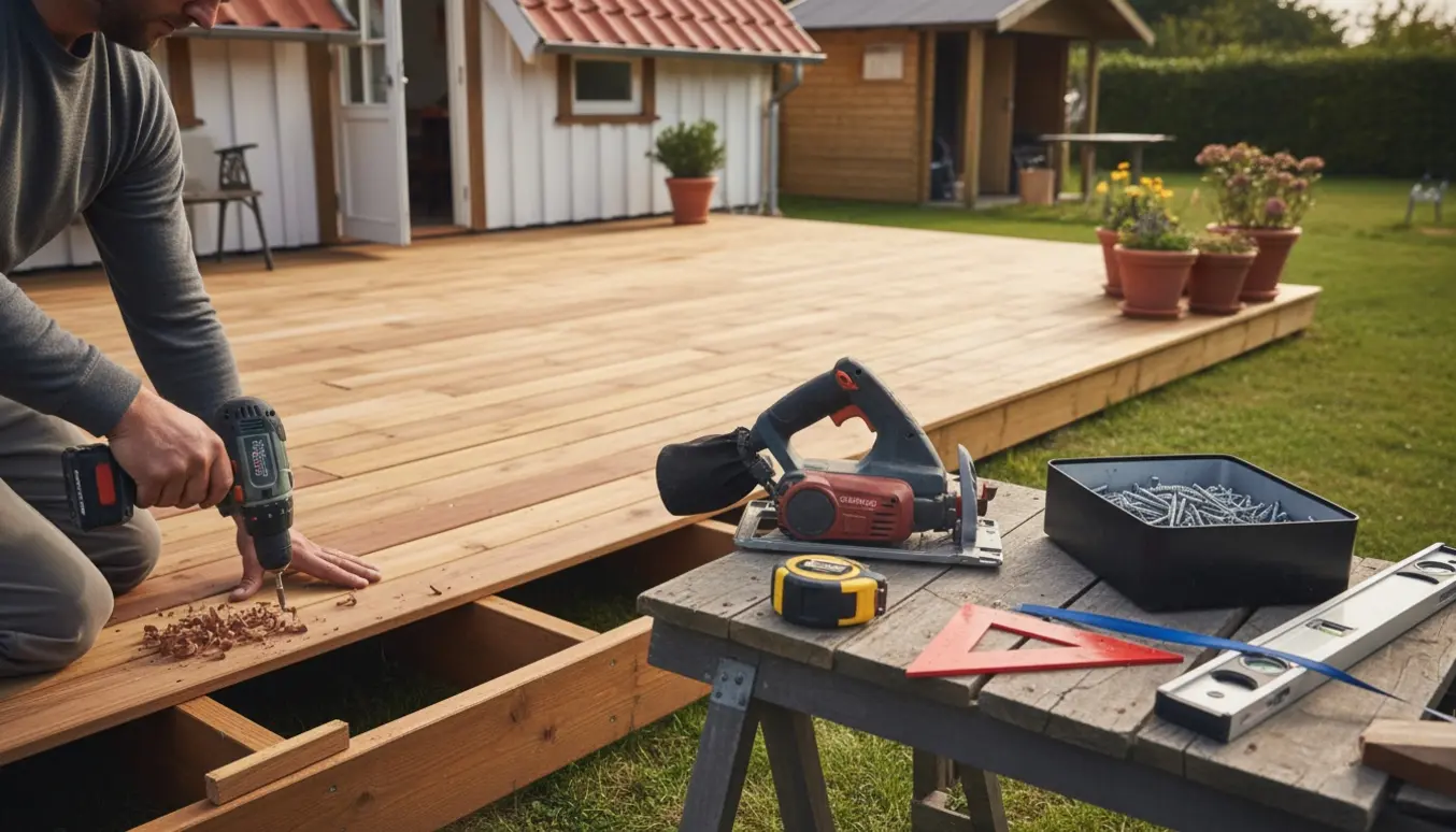 Delvist færdig træterrasse på ca. 20 m² ved et kolonihavehus med værktøj og hænder der skrue brædder fast.