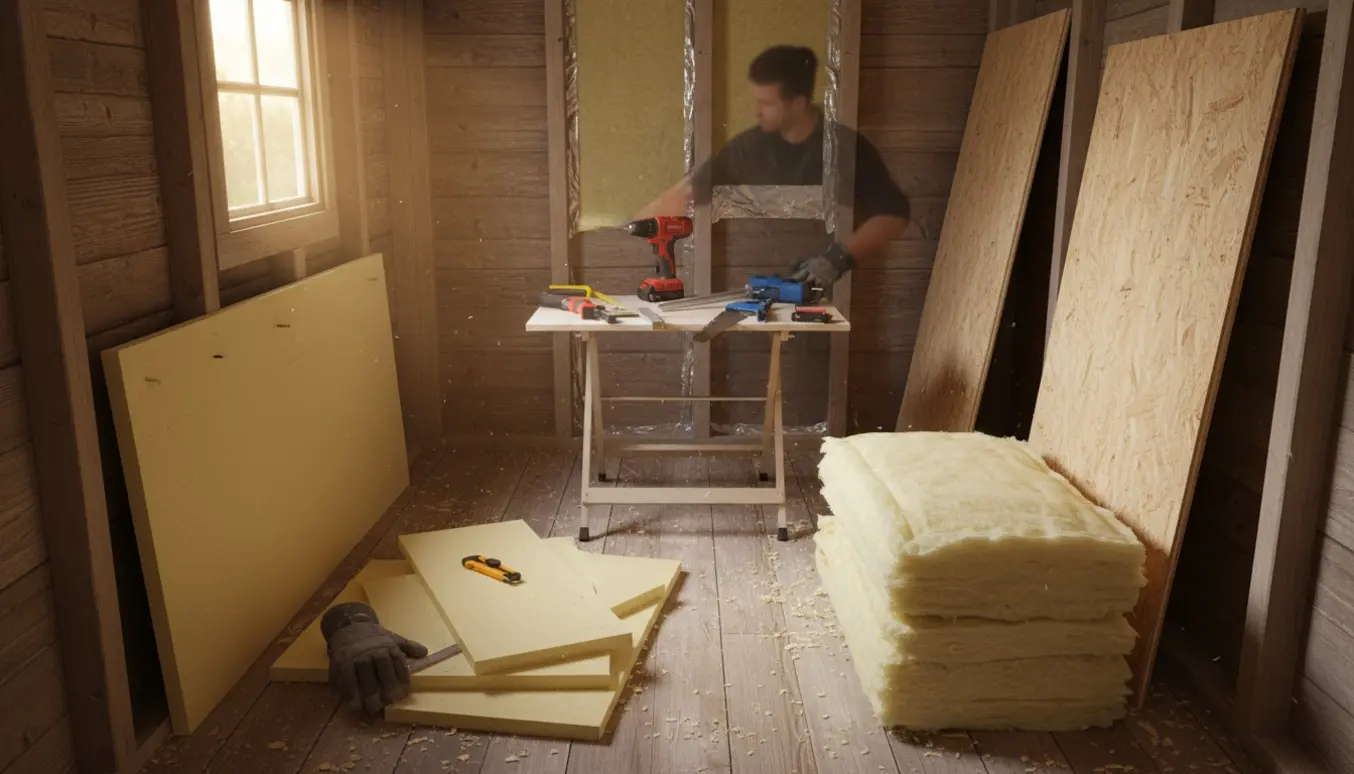 Indvendigt af et lille kolonihavehus hvor isoleringsplader skæres og monteres i naturligt dagslys.