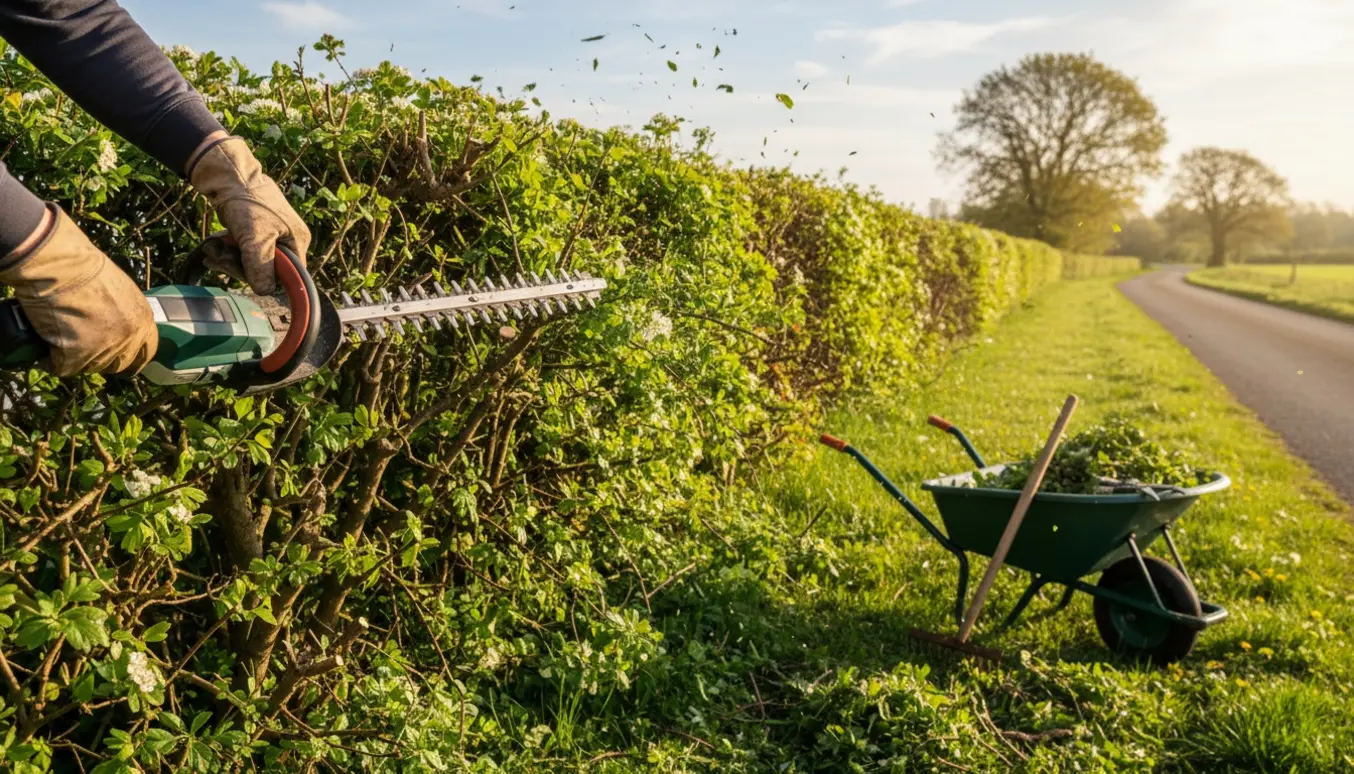 Nærbillede af en hækklipper, der trimmer en lang, tornet blandet hæk (primært tjørn), med friske afklip samlet i en trillebør.