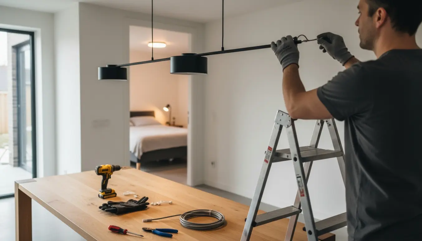 Nærbillede af hænder, der monterer en loftlampe over et spisebord med værktøj og en ny lampe i soveværelset i baggrunden.
